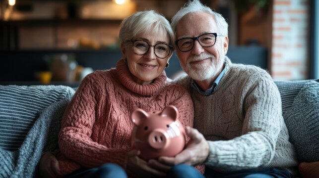 Cheerful senior couple sitting closely together on a sofa, holding a piggybank, symbolizing financial security and savings in their retirement years.