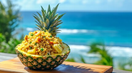 Pineapple fried rice served in a hollowed-out pineapple, on a wooden cutting board with a deep blue ocean backdrop