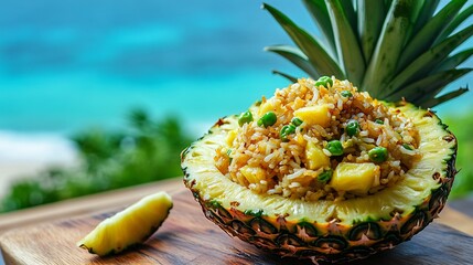 Pineapple fried rice served in a hollowed-out pineapple, on a wooden cutting board with a deep blue ocean backdrop