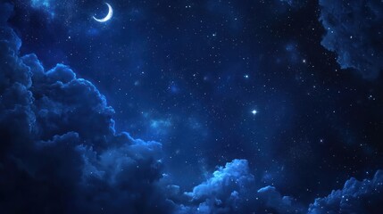 A serene night sky filled with stars and a crescent moon above soft clouds.