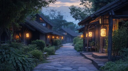 Fototapeta premium A serene village pathway illuminated by lanterns at dusk, surrounded by lush greenery.