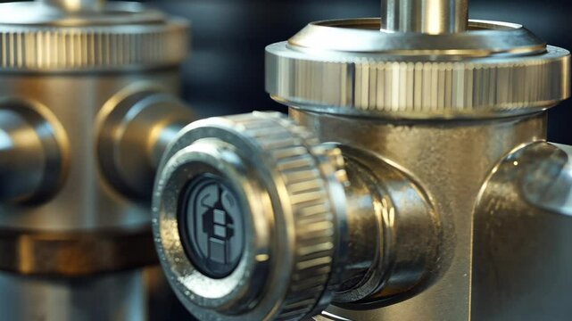 A close-up of a metal valve, likely used in a brewing process, with a intricate design and a shiny finish