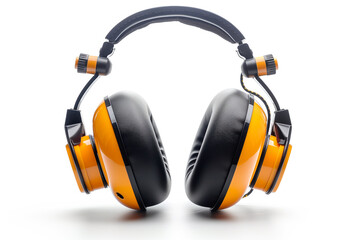 Closeup of industrial noise-canceling headphones with black and yellow colors isolated on white background.