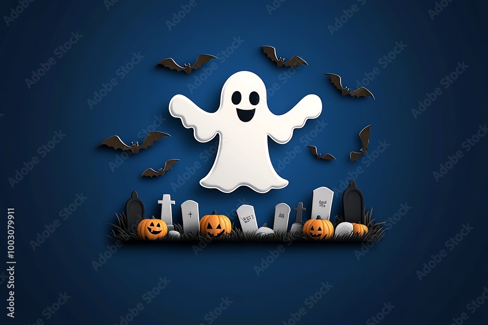 Aufkleber simple ghost outline in a halloween setting, floating above a graveyard in a clean, minimalist style