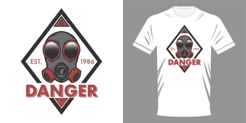 Vector illustration T-shirt Gas mask with the inscription DANGER. Skull in gas mask. Man with protection from air quality. Fashion stuff. Street style of the highest quality. Retro print