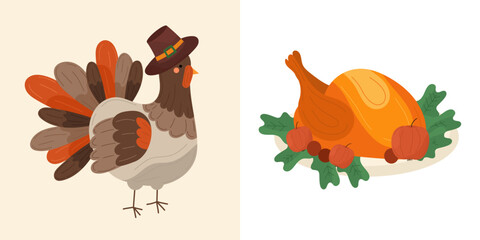 Festive set with traditional pilgrim turkey and roasted turkey with apples. Traditional thanksgiving illustrations in vector flat concept. For holiday decor, cards, prints.