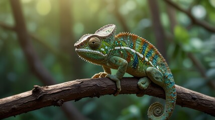 realistic illustration of a green chameleon on the branch of tree