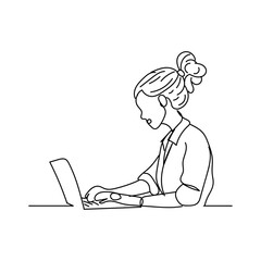 Dessin en ligne continue d'une femme travaillant sur son ordinateur, line art, vecteur