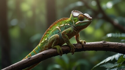 realistic illustration of a green chameleon on the branch of tree