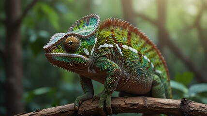 Obraz premium realistic illustration of a green chameleon on the branch of tree