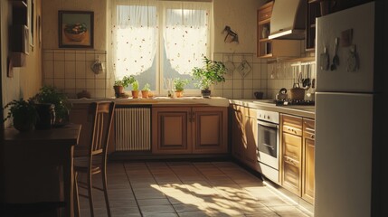 Fototapeta premium A warm, sunlit kitchen with plants and wooden cabinetry, inviting for cooking and relaxation.