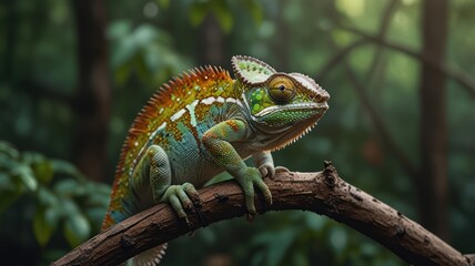 Fototapeta premium realistic illustration of a green chameleon on the branch of tree
