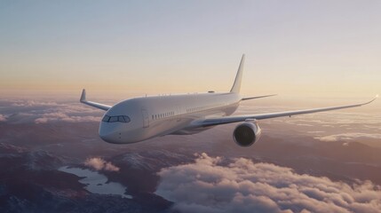 Fototapeta premium An airplane flying above clouds during sunset.