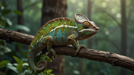 Obraz premium realistic illustration of a green chameleon on the branch of tree