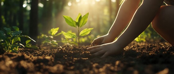 Childs hands planting a sapling in rich soil, with soft sunlight filtering through a forest