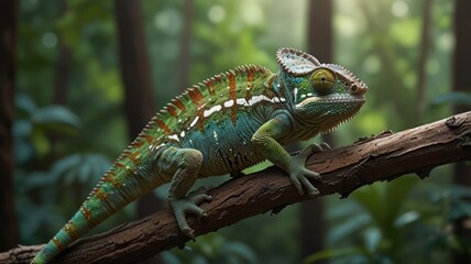 realistic illustration of a green chameleon on the branch of tree