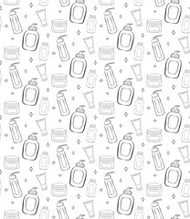 Skin care seamless vector pattern. Beauty products single line vector illustration
