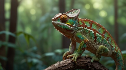 Obraz premium realistic illustration of a green chameleon on the branch of tree
