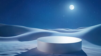 A surreal landscape featuring a circular platform under a full moon in a snowy desert.