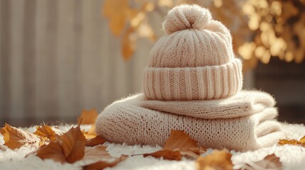 Cozy knitted hat and scarf set atop a soft blanket with autumn leaves, perfect for chilly days and seasonal fashion styles.