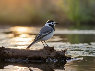 White Wagtail Bird Perched on Log in Water at Sunset