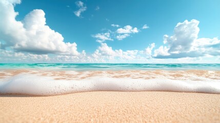 Obraz premium A series of rolling waves gently breaking on a sandy beach, with a vibrant blue sky and fluffy clouds above.