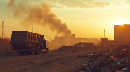 A truck on a dusty road with industrial buildings and smoke at sunset.