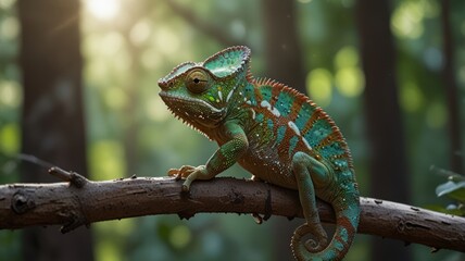 Obraz premium realistic illustration of a green chameleon on the branch of tree