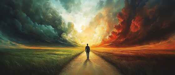 Man at a fork in the road, one side lush and green, the other barren, under dramatic skies