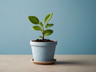 Fototapeta premium Green Plant in Blue Pot with Light Blue Background