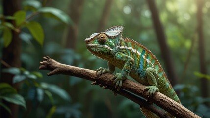 Obraz premium realistic illustration of a green chameleon on the branch of tree