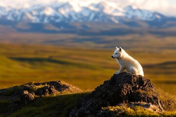 Arctic fox sitting on a rock in nature