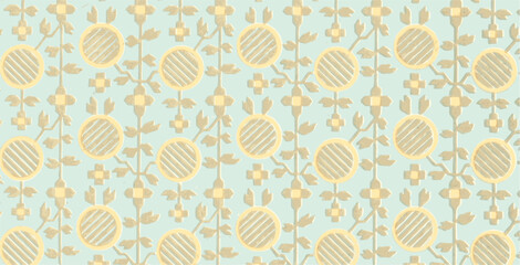  pattern of yellow striped circles and stylized flowers on a light blue background.