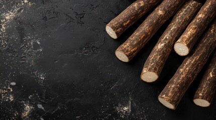 A close-up of several raw, unpeeled roots arranged on a dark surface.