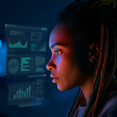 Woman Using Advanced Technology with AI Interfacex Artificial Intelligence, High-Tech Innovation, and Digital Interaction