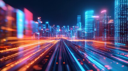 Obraz premium Futuristic cityscape with glowing neon lights and dynamic motion blur, themes of future cities, technology, and urban development, wide banner.