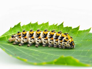 Fototapeta premium Colorful Caterpillar on a Green Leaf Isolated On White