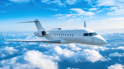 Obraz premium A sleek private jet flying above fluffy clouds against a bright blue sky.