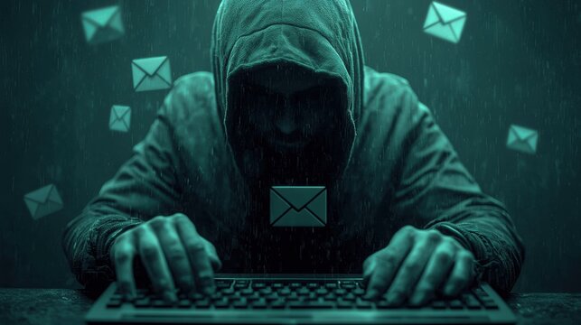 Mysterious hacker wearing a hoodie, focused on computer in a dark environment with email icons around.