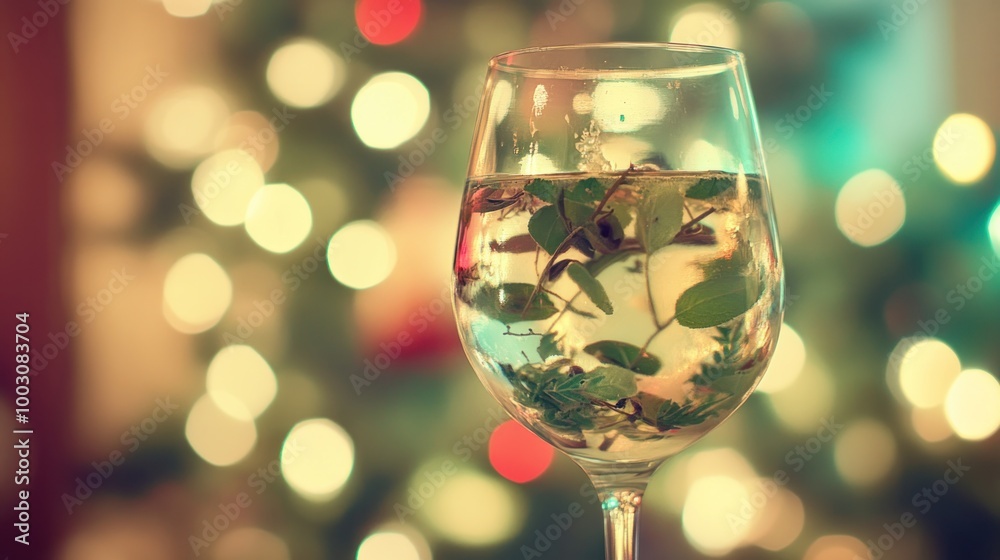 Sticker A glass filled with water and herbs, set against a blurred festive background.