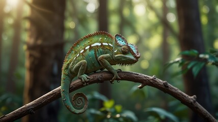 realistic illustration of a green chameleon on the branch of tree