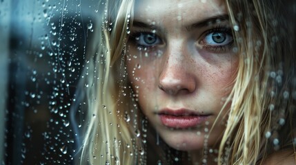 Close-up of a woman looking through a rain-covered window - Powered by Adobe