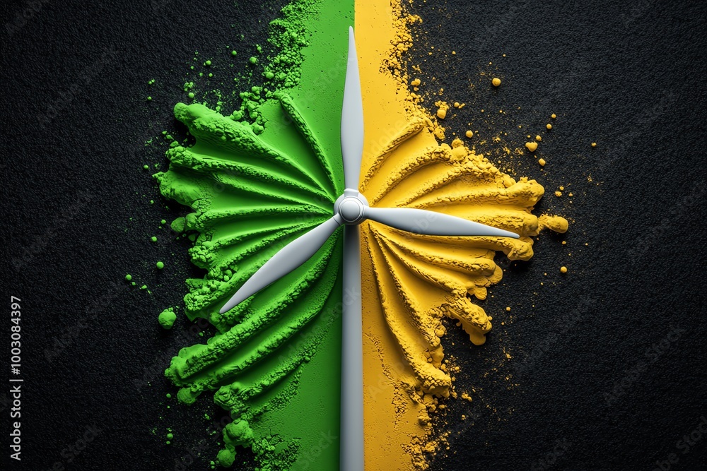 Poster simple wind turbine and farm icon, representing clean energy integration in rural development using 