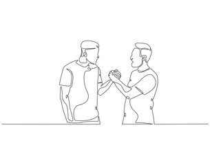 Continuous one line drawing of two man shaking hands. One line drawing illustration of national non violence day. Handshake, support,  concept line art. Editable outline