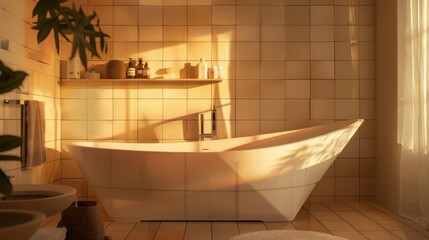 Beige-hued bathroom section showcasing a triangular tub set against a tiled wall, complemented by metal faucets and a shelf of toiletries in the backdrop.