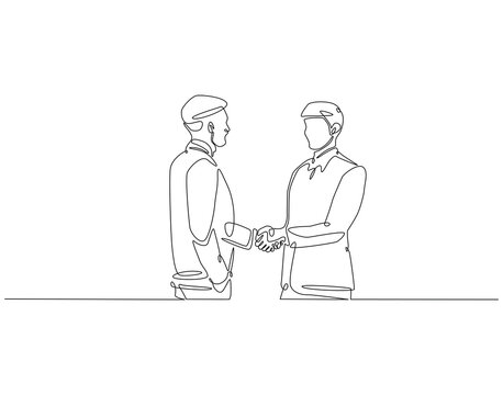 Continuous one line drawing of two man shaking hands. One line drawing illustration of national non violence day. Handshake, support, concept line art. Editable outline