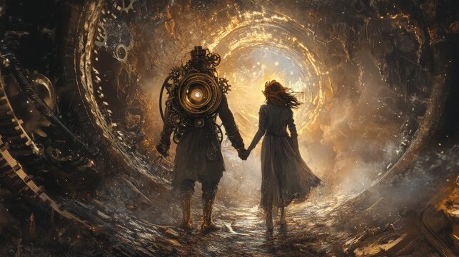 A steampunk couple holding hands, walking through a swirling golden portal.