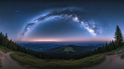 A stunning panoramic view of the Milky Way arching over a serene landscape at twilight.