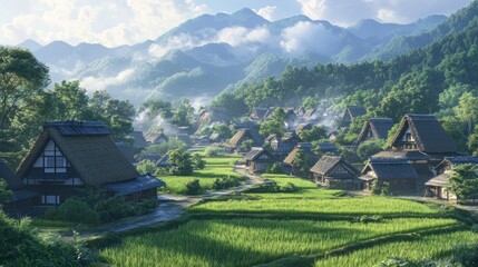 A serene village landscape surrounded by mountains and lush greenery.