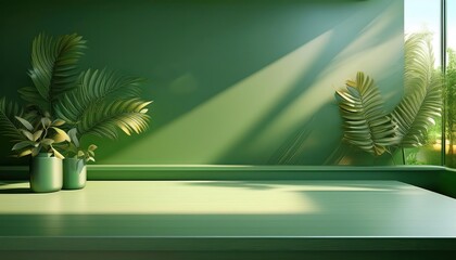 Empty wooden tabletop with green color studio background,